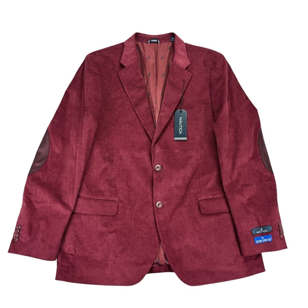 Nautica Mens Modern Fit Active Stretch Corduroy Sport Coat Burgundy Red 44R